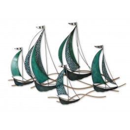 SGRIMALT Déco murale Fer : Grande Régate 5 Voiliers Vert Emeraude et Bleu, L 105 cm