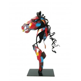 Animal en métal design : Tête de Cheval stylisée sur socle, H 38 cm