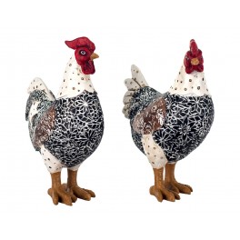 SGRIMALT Set Poule et Coq, Modèle Noir et Fleuri en Résine, Collection Drawing Art, H 20 cm