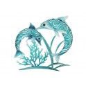Deux dauphins et Coraux bleus, Design Tropical, Verre et Métal, H 48 cm