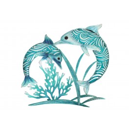 Déco Murale Métal et Verre : Deux Dauphins et vagues bleues, H 34 cm