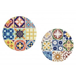 Set 2 Dessous de Plat Ronds, Motifs Colorés Carreaux de ciment, L 18 cm