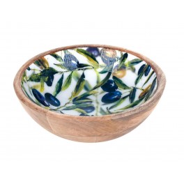 SIGNES GRIMALT Grande Bol, Coupe de service ou vide-poche, Bois de Manguier et Thème Olives de Provence, Diamètre 20 cm.