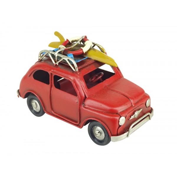 Miniature métal : Fiat 500 Rouge, Planches de Surf et Bouée, L 11 cm