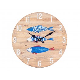 Horloge MDF Thème Mer, Trois Sardines en bleu outremer, Diam 34 cm