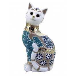 SGRIMALT Grande Figurine Chat Debout Résine et Inserts Miroirs, Modèle Blue Ikat 2, H 28 cm