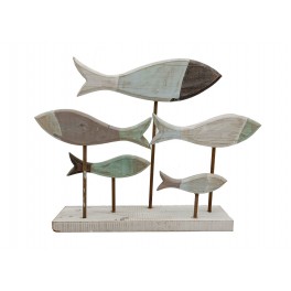 SGRIMALT Décoration Mer : 5 Poisson sur Socle, Bois MDF, Gris, Marron et Vert, L 43 cm