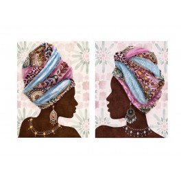 SIGNES GRIMALT Tableau ethnique contemporain : Set 2 africaines aux foulards colorés, hauteur 80 cm