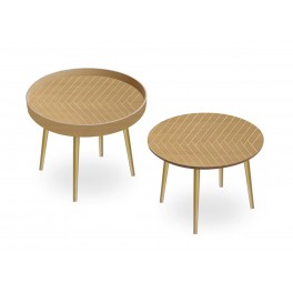 ORIGEN Set 2 Tables Basses Vintage Woody, Bois MDF et Pieds en métal doré, Diamètre 50 cm (Grande)