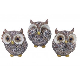 Set 3 Chouettes de la Sagesse, Modèle Mosaik Gris, H 9 cm