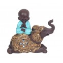Figurine Résine : Mini Bonze Baby Zen sur éléphant, Bleu, Hauteur 13 cm