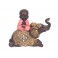 Set 2 Figurines Résine Ethnique : 2 Mini Bonzes Color Line sur éléphants, H 15 cm