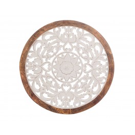 ORIGEN Déco murale en Bois Blanc sculpté et encadrement, Motif Floral baroque et Mandala Cérusé, H 63 cm