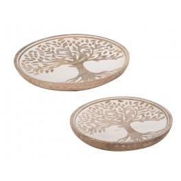 SIGNES GRIMALT Set 2 Plateaux de service ronds Arbre de vie, Bois de Manguier et Thème Rétro Bohème, Diamètre 25 cm