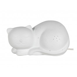 Lampe et Veilleuse, Chat Blanc enroulé, Porcelaine ajourée, L 25 cm