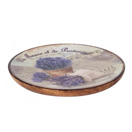 SIGNES GRIMALT Plateau rond en Bois de Manguier : Thème Lavande de Provence. Diamètre 22 cm.