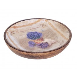 SIGNES GRIMALT Plateau rond et Assiette de service en bois de Manguier : Thème Lavande de Provence. Diamètre 16 cm.