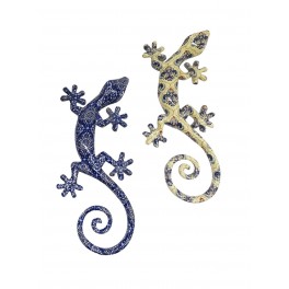 ORIGEN Set 2 Geckos en Résine 2, Déco murale ou à poser, Modèle RETRO BLUES, H 21 cm