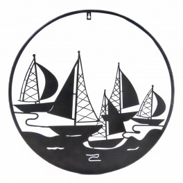 ORIGEN Déco murale Fer : Régate 5 Voiliers en métal ajouré, Noir, Diamètre 60 cm