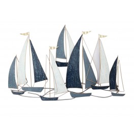 ORIGEN Déco murale Fer : Régate 7 Voiliers, Gris acier et Bleu Outremer, Gamme Océanic. L 100 cm