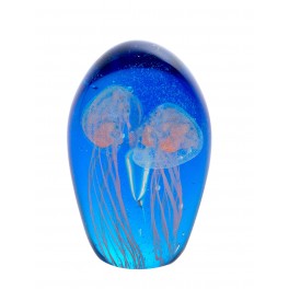 ORIGEN Presse Papier Sulfure en Verre, Deux Méduses Corail sur océan Turquoise, H 11 cm