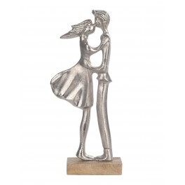 SIGNES GRIMALT Figurine Couple stylisé en résine, Tendre Baiser, Argent et Bois veiné, Hauteur 37 cm