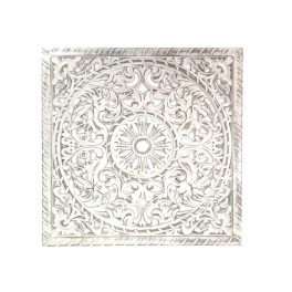 Déco murale Bois Blanc sculpté, Motif Floral et Mandala Cérusé, H 60 cm