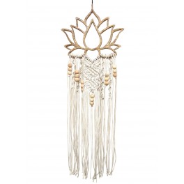 Déco Ethnique Bohème : Suspension Fleur de Lotus et Macramé, Blanc, Hauteur 80 cm