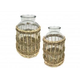 Set 2 Décorations Bouteilles en Verre, rotin et Corde tressée, Hauteur 27 cm (Grande)