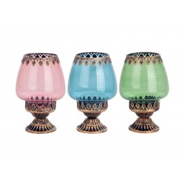 Set 3 Bougeoirs et Photophores en Verre coloré et Pied Laiton, Collection Gloria, 18 x 12 x 12 cm