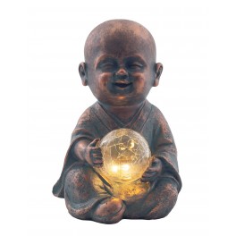 SIGNES GRIMALT Figurine Zen extérieure Résine : Moine & Sphère LED à capteur Solaire, Cuivre et Bleu, H 22 cm