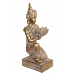 Grand Bouddha et Fleur de Lotus en résine, Kanchana doré blanchi, H 46 cm