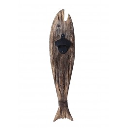 Déco murale marine : Décapsuleur Poisson XL en bois vieilli, Marron foncé, H 46 cm