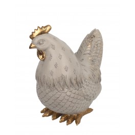 Poule stylisée en résine, Modèle Ecru et Doré, Hauteur 21 cm