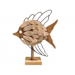 SIGNES GRIMALT Déco Bord de mer : Grand Poisson en métal et bois MDF sur socle, Hauteur 34 cm