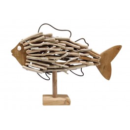 SIGNES GRIMALT Déco Bord de mer : Grand Poisson en métal et bois flotté sur socle, Longueur 37 cm