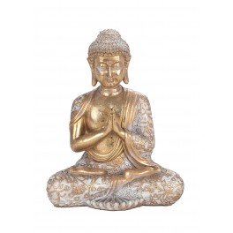 Bouddha Tête sur Genou, Kanchana et Fleurs de Lotus dorées, H 21 cm