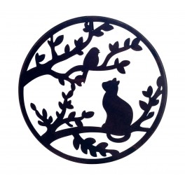 SIGNES GRIMALT Déco murale métal : Fenêtre sur Chat, Oiseau et Jardin, Noir, Diamètre 30 cm