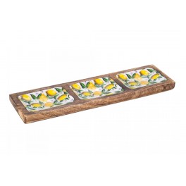SIGNES GRIMALT Plateau Apéritif 3 compartiments en Bois de Manguier, Thème Citrons, longueur 36 cm.