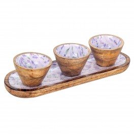 Plateau Apéritif Bords arrondis et 3 Bols en Bois de Manguier, Motif Lavande Florale, Longueur 38 cm