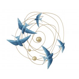 SIGNES GRIMALT Décoration Murale métal : Vol d'oiseaux Bleus et Spirales dorées, Longueur 70 cm