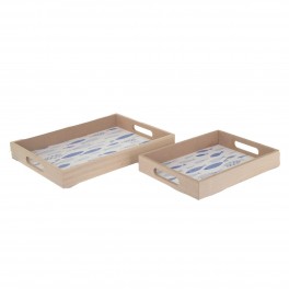 Set 2 Plateaux en Bois MDF avec anses, Motif Banc de Sardines Bleues, Longueur 42 cm (Grand)