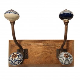 SIGNES GRIMALT Patère portemanteau rétro 2 crochets 4 pommeaux, Motifs bleus, bois et métal, Longueur 25 cm