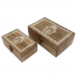 SIGNES GRIMALT Set 2 boites en bois veiné, Motifs Mains de Fatima porte-bonheur oriental, longueur 21 cm (Grande)