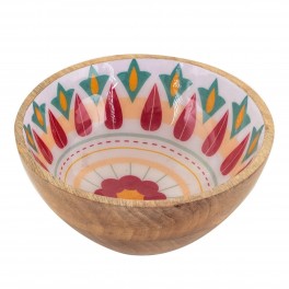 SIGNES GRIMALT Bol en Bois de Manguier, Thème Amérique du sud, Fleurs stylisées et picturales, diamètre 15 cm