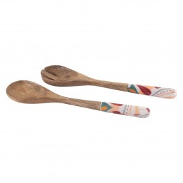 SIGNES GRIMALT Set 2 couverts de service bois de manguier, Thème Amérique du sud, Fleurs stylisées et picturales, hauteur 30 cm