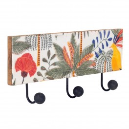 SIGNES GRIMALT Patère portemanteau en bois, 3 pommeaux noirs et illustrations tropicale sérigraphiée, L 38 cm