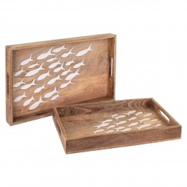 Set 2 Plateaux de Service Banc de Poissons Blancs et Bois de manguier, Collection Marine Martigues, l 43 cm (Grand)