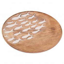 SIGNES GRIMALT Assiette de service Banc de poissons blancs et bois de manguier, Collection marine Martigues, diamètre 22 cm