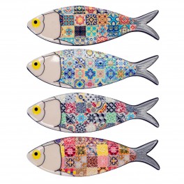Set 4 Magnets Poissons colorés avec Motifs Carreaux de Ciment et Longueur 11 cm